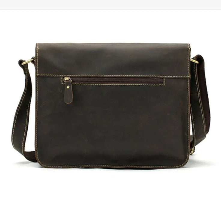 Genuine leather vintage messenger bag with crossbody strap in dark coffee colour showing flap closure