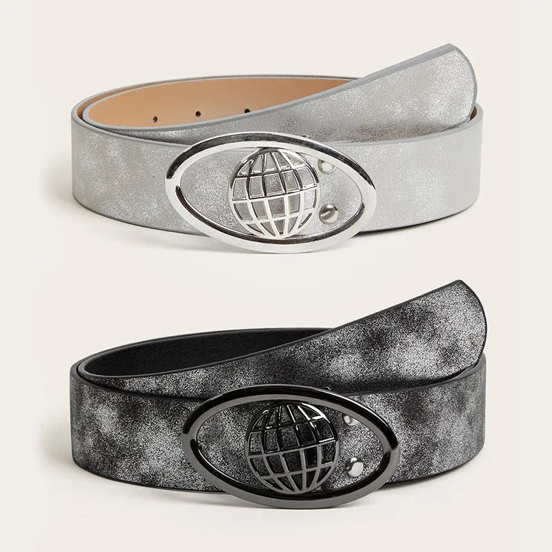 Retro women's belt with oval alloy buckle on thick 4cm PU leather strap in earth tone colour