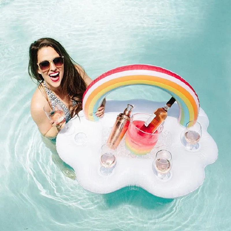 Rainbow cloud shaped inflatable pool float cooler with four cup holders floating on water