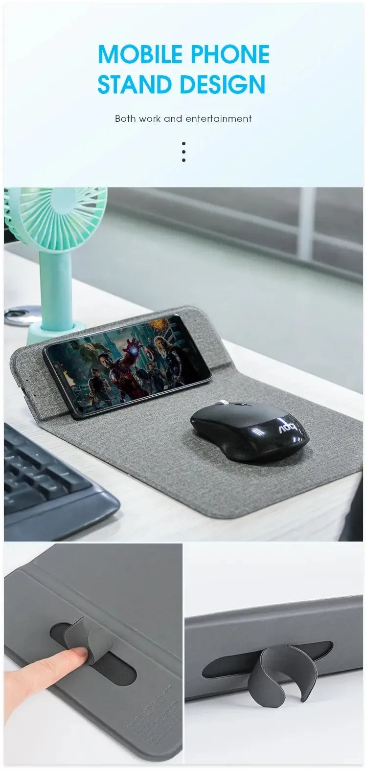 A grey foldable cloth phone holder open as a stand, with a smartphone charging on it.