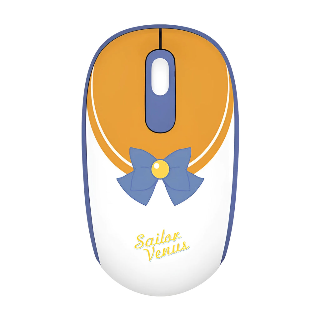 Pink Sailor Moon cartoon wireless mouse with USB receiver on a desk.