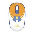 Pink Sailor Moon cartoon wireless mouse with USB receiver on a desk.