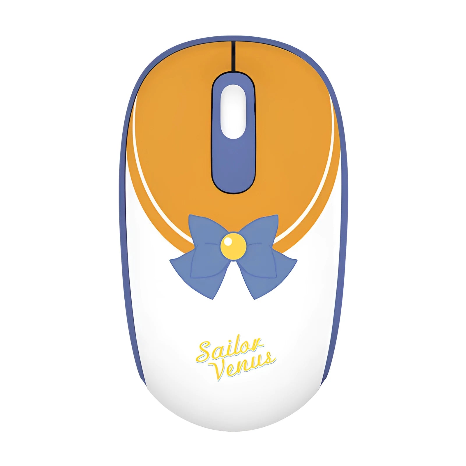Pink Sailor Moon cartoon wireless mouse with USB receiver on a desk.