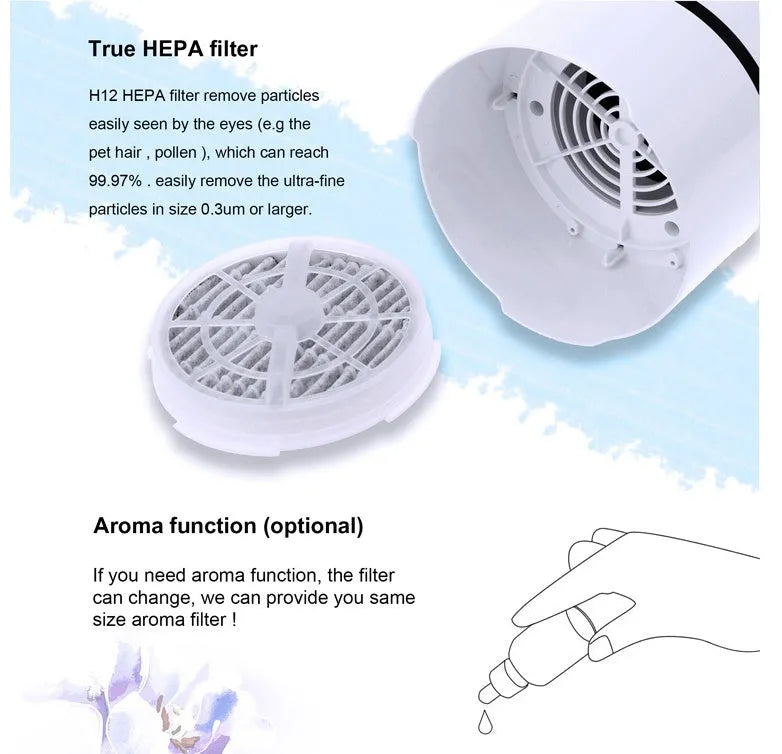 White USB desktop air freshener with anion generator, 125mm diameter, 194mm height, on desk with USB cable