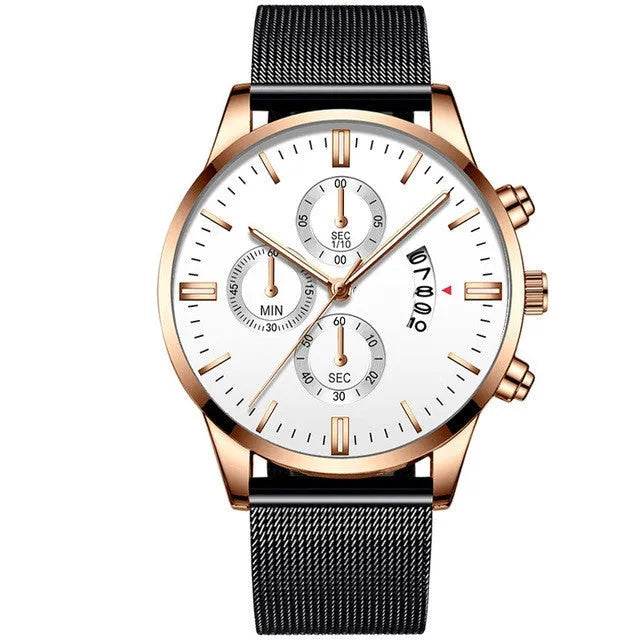 Men's stainless steel mesh band quartz watch showing analogue dial and choice of colour finishes.