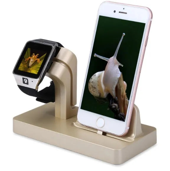 White 2-in-1 desktop charging dock holding an iPhone and an Apple Watch