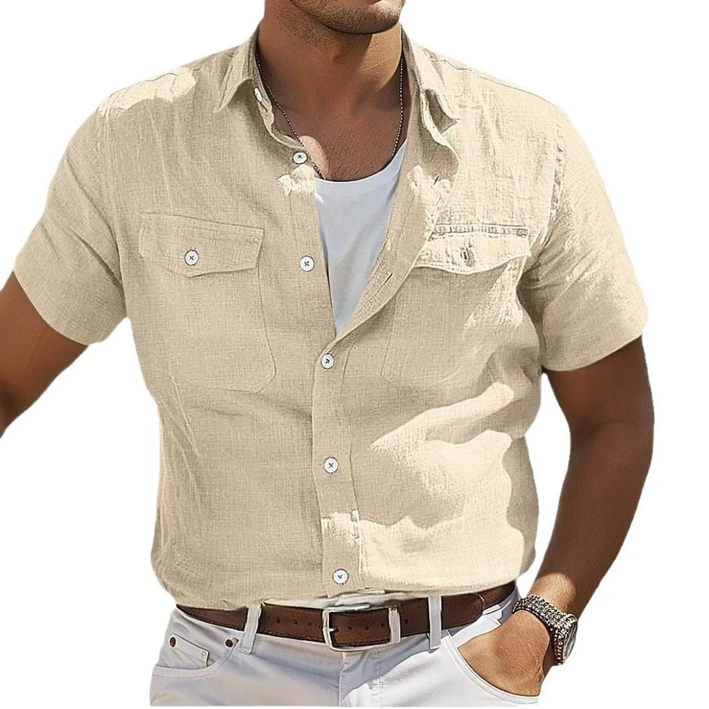 Men's cotton linen summer shirt with polo collar in solid colours