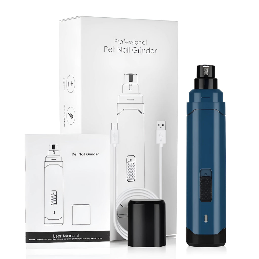 Blue plastic pet nail polisher with USB cable, dual speed 7000/8000 rpm for cats and dogs, compact size 17 cm box