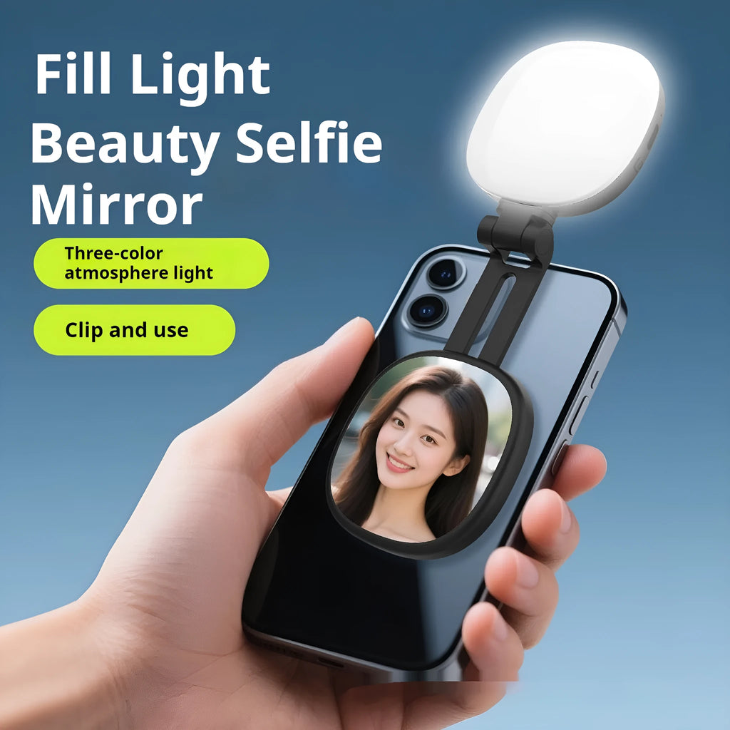 Black mobile phone magnetic fill light with variable holder showing three colour temperature settings