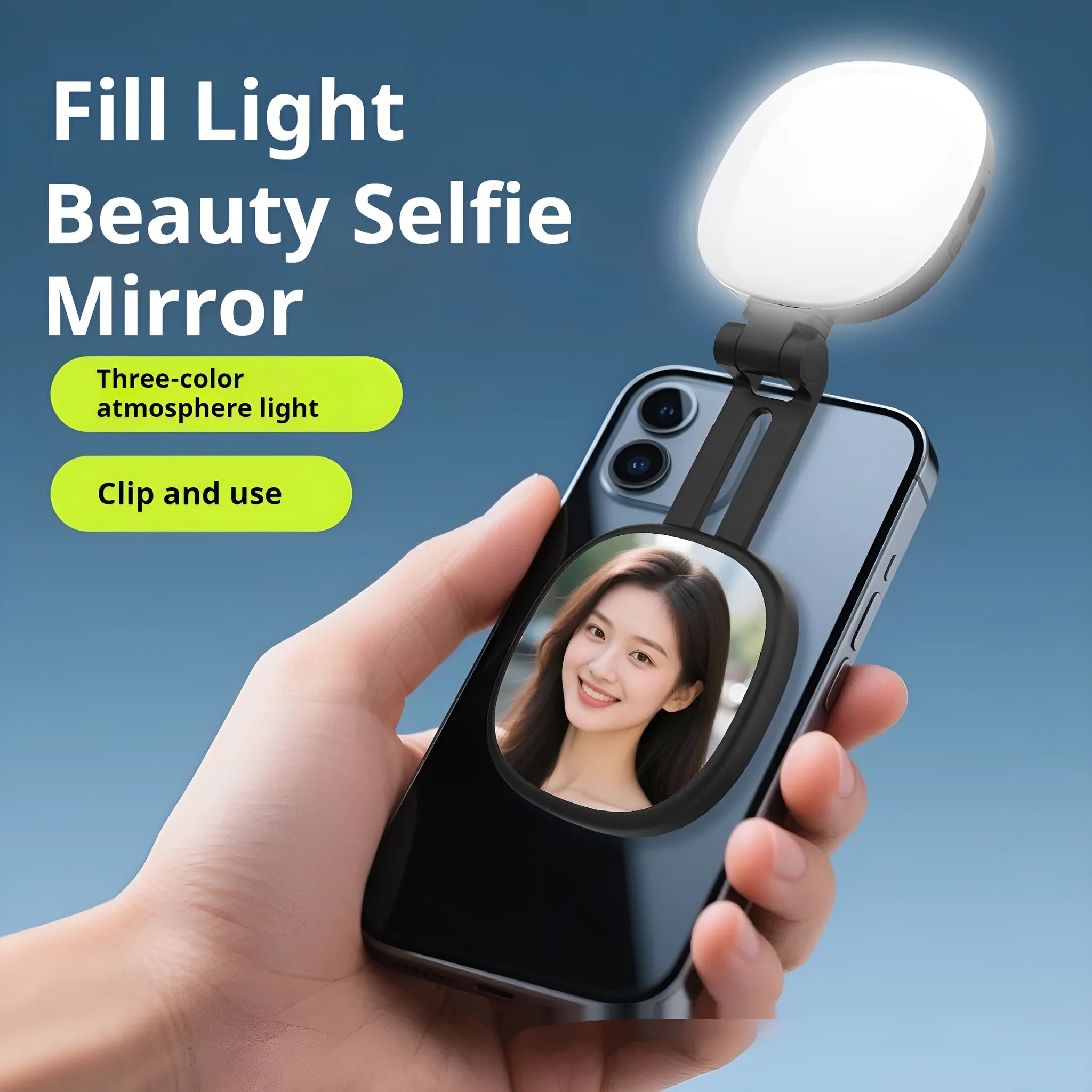 Black mobile phone magnetic fill light with variable holder showing three colour temperature settings