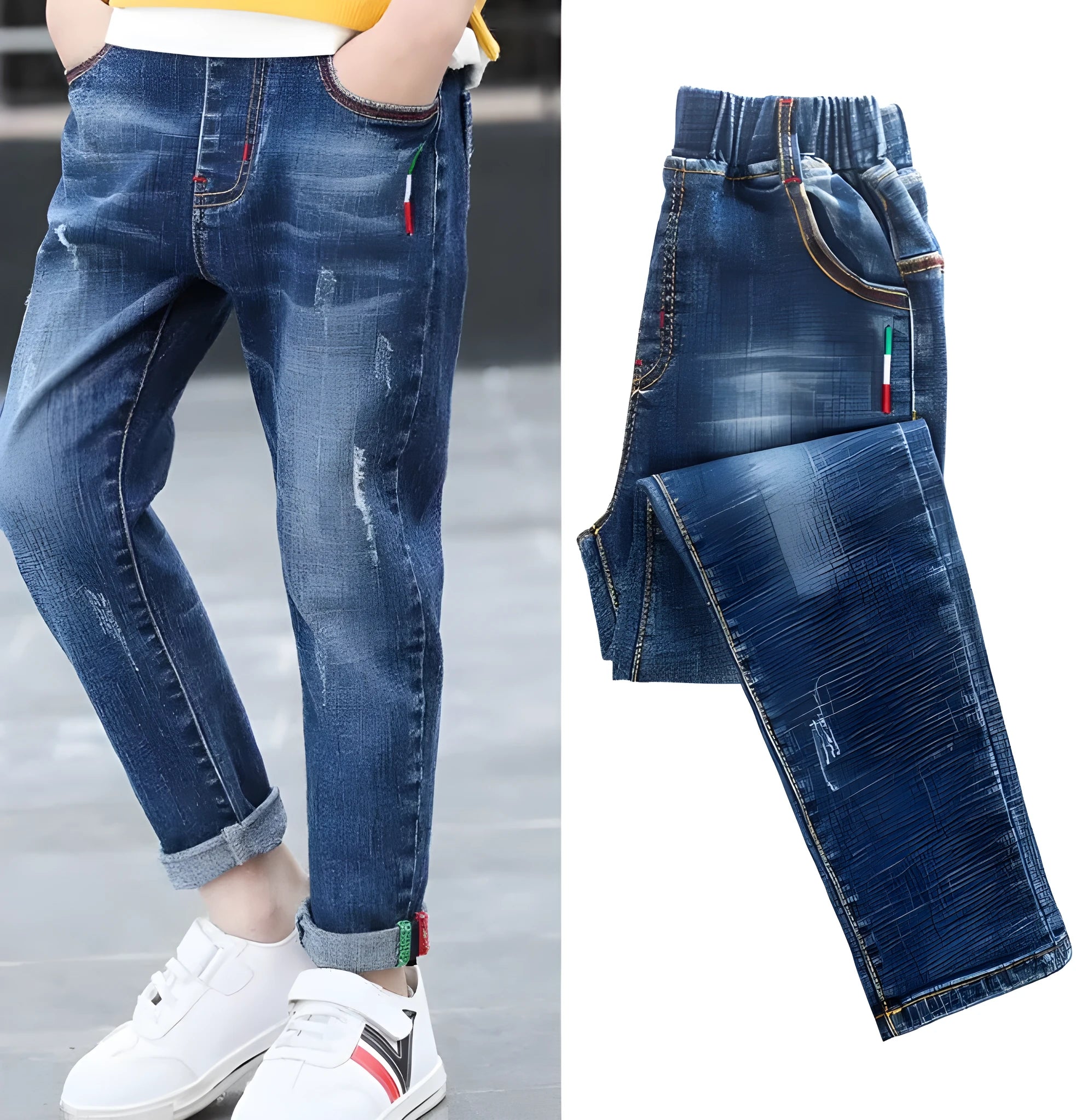Boys' denim trousers mid-waist blue cotton trousers for children 110-160cm