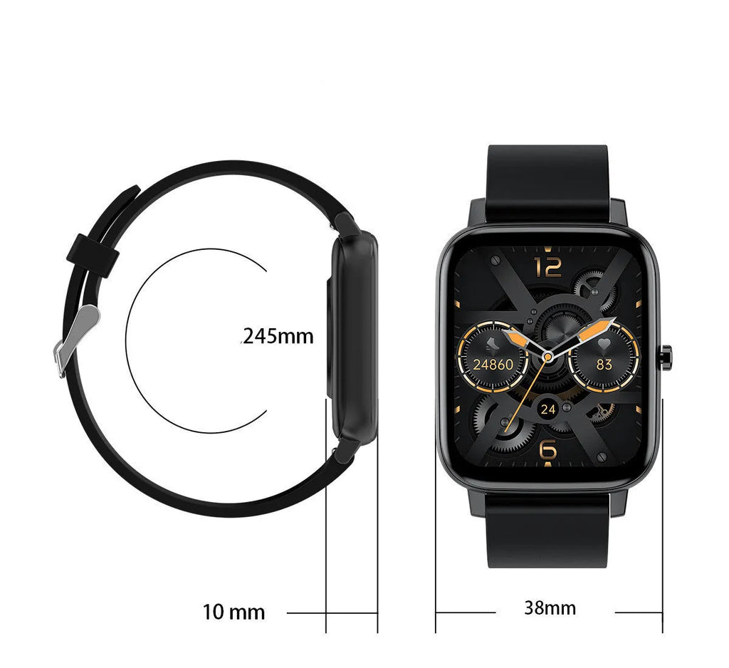 H80 smart watch with black silicone strap showing ECG and blood oxygen readings on its round screen.