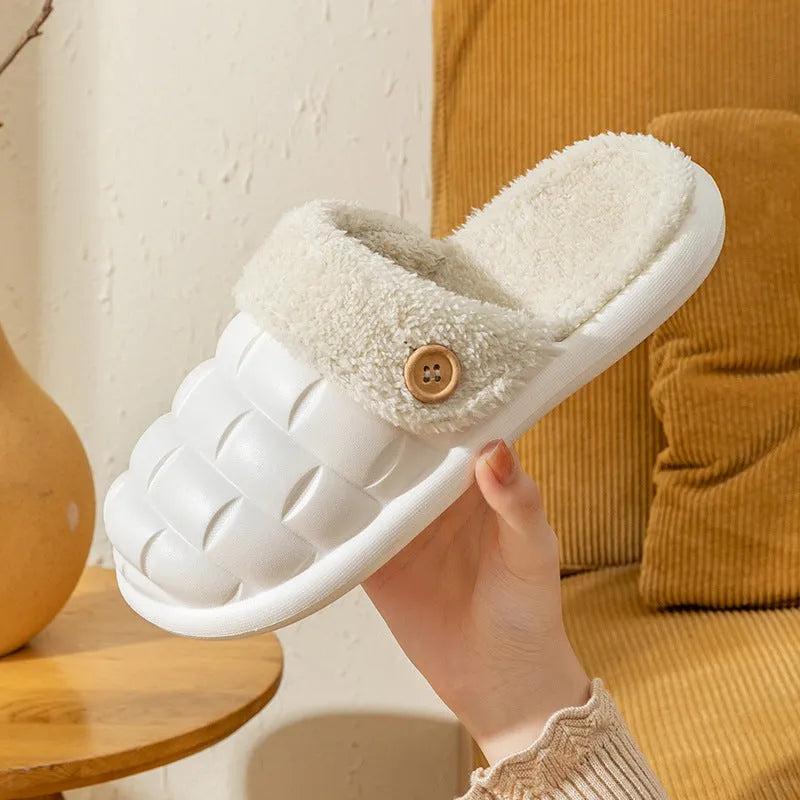 Plaid detachable EVA house slippers with plush lining, shown in assorted colours.