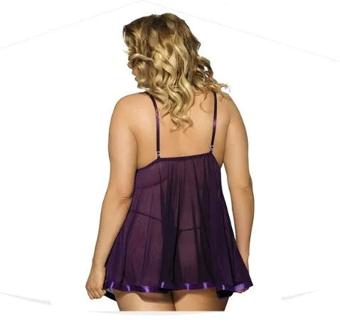 Women's purple lace and mesh sleepdress in a sling dress style, size 6XL