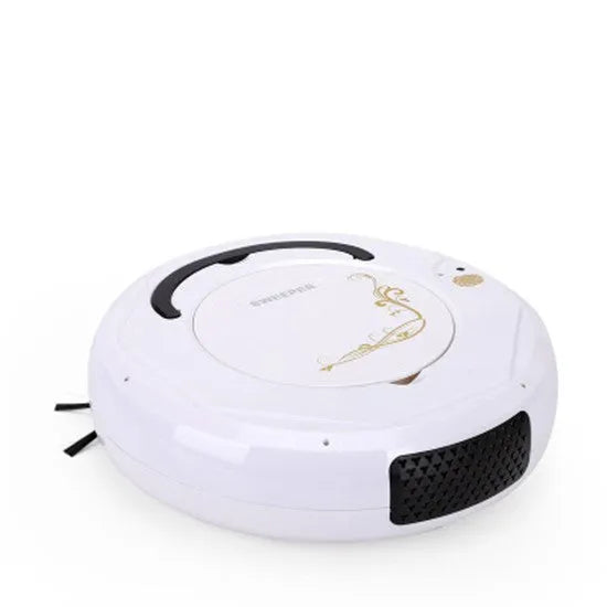 Blue robotic vacuum cleaner on a wooden floor next to its charging cable and accessories.