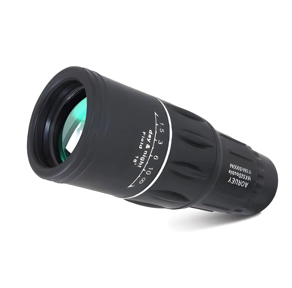 Black 16x52 high-power monocular telescope showing eyepiece and objective lens