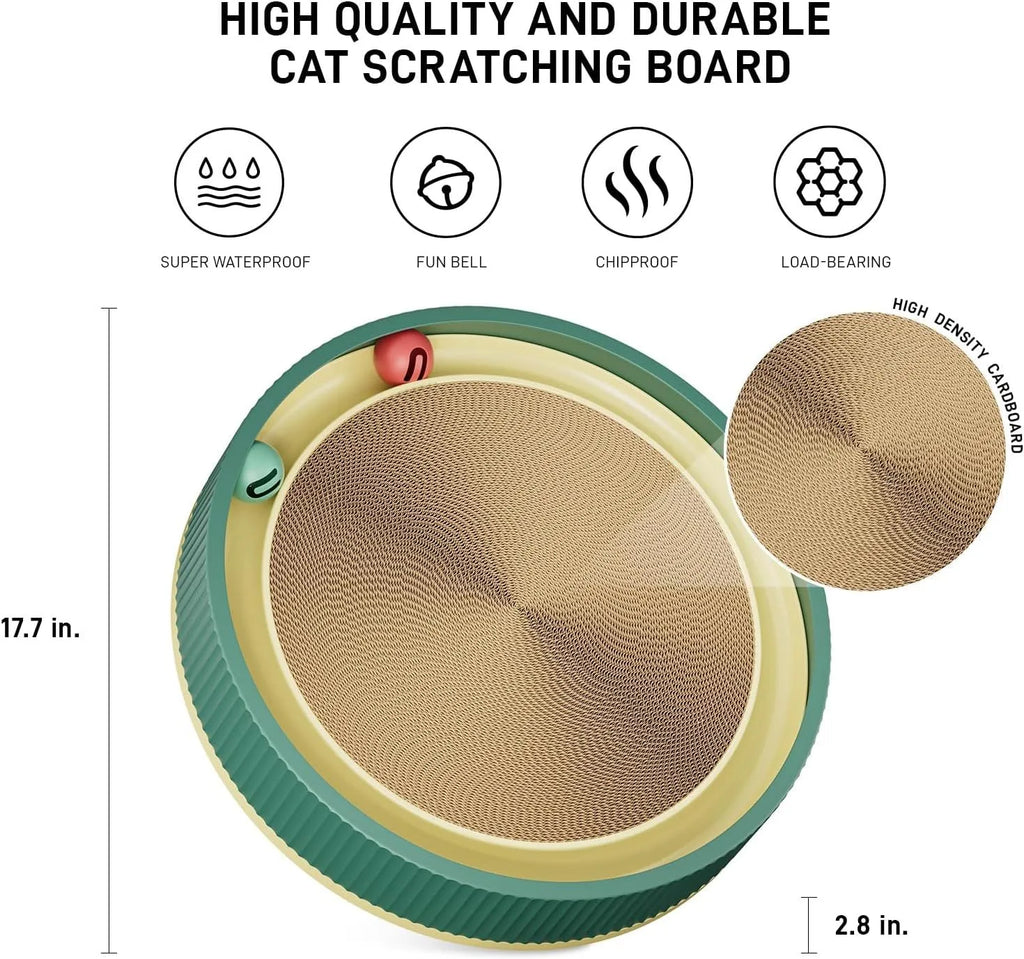 Large circular green cat scratching board with ball toys and replaceable cardboard core