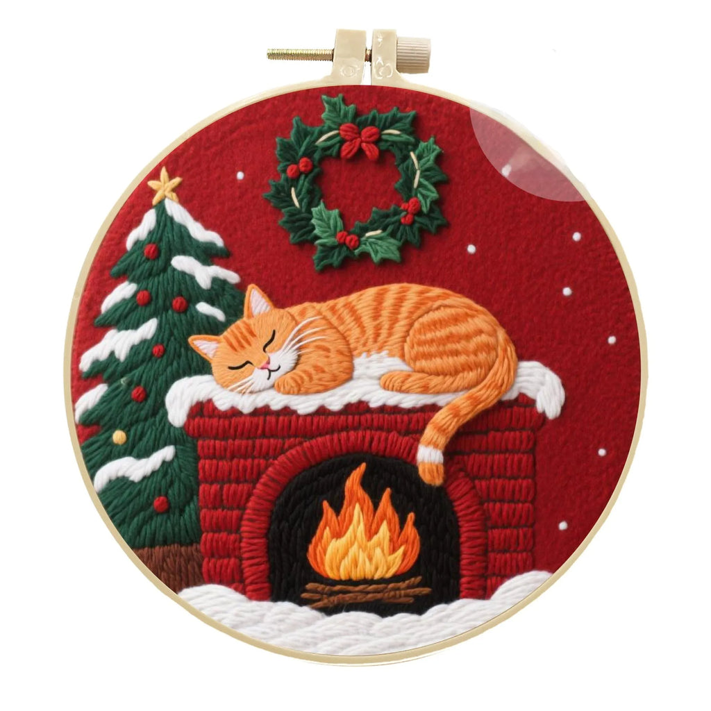 DIY embroidery material kit showing cat and autumn fruit pattern on cotton linen fabric with optional bamboo hoop and scissors.