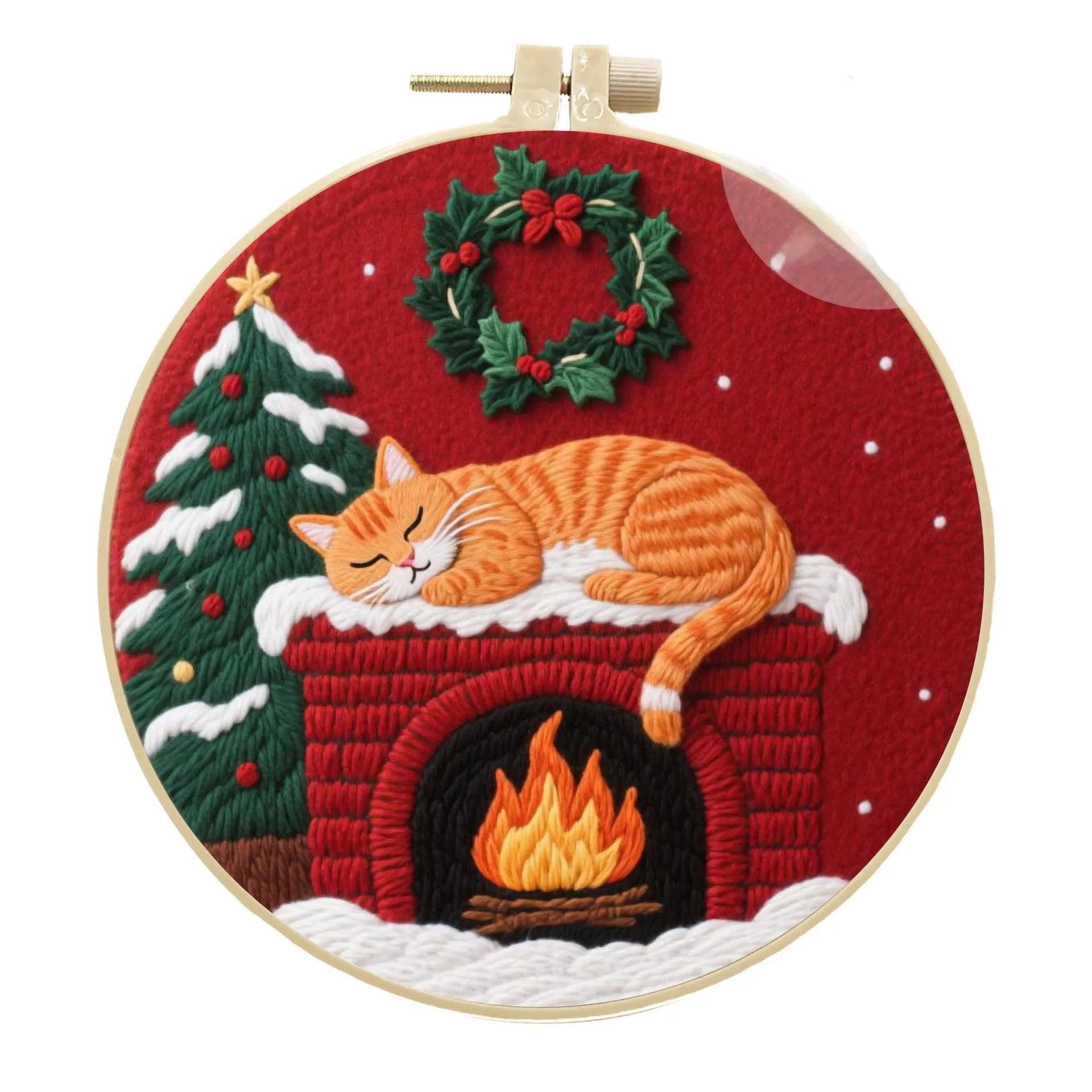 DIY embroidery material kit showing cat and autumn fruit pattern on cotton linen fabric with optional bamboo hoop and scissors.