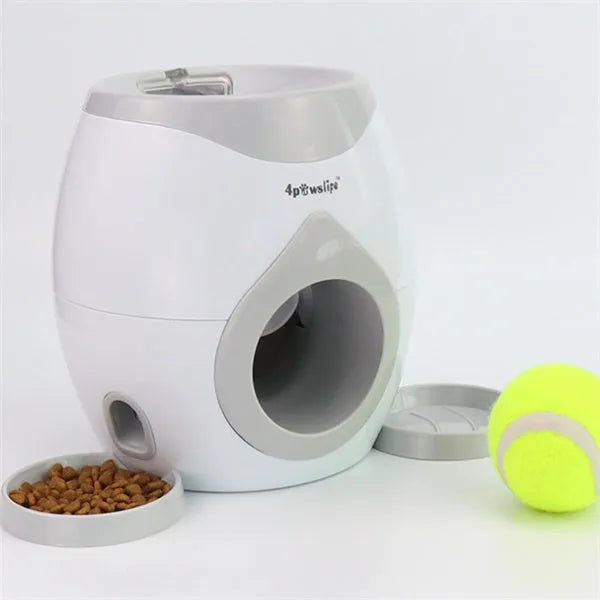 White plastic tennis food reward machine for interactive dog training with snack dispensing