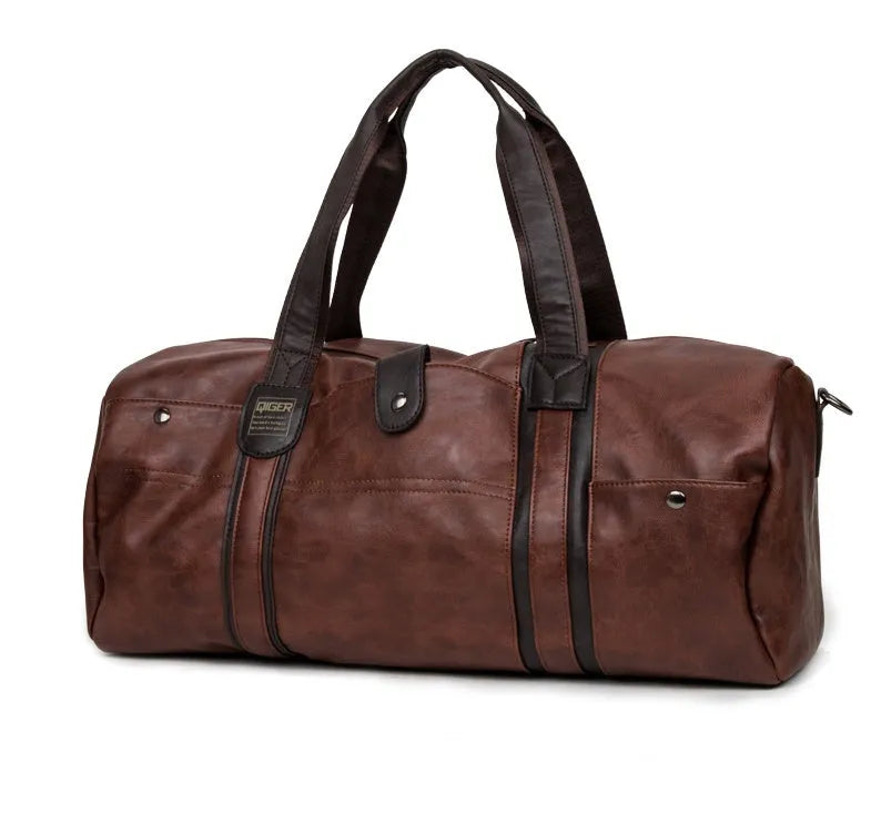 Portable cylinder leisure travel bag medium 36-55L PU leather blue black brown zipper closure soft handle