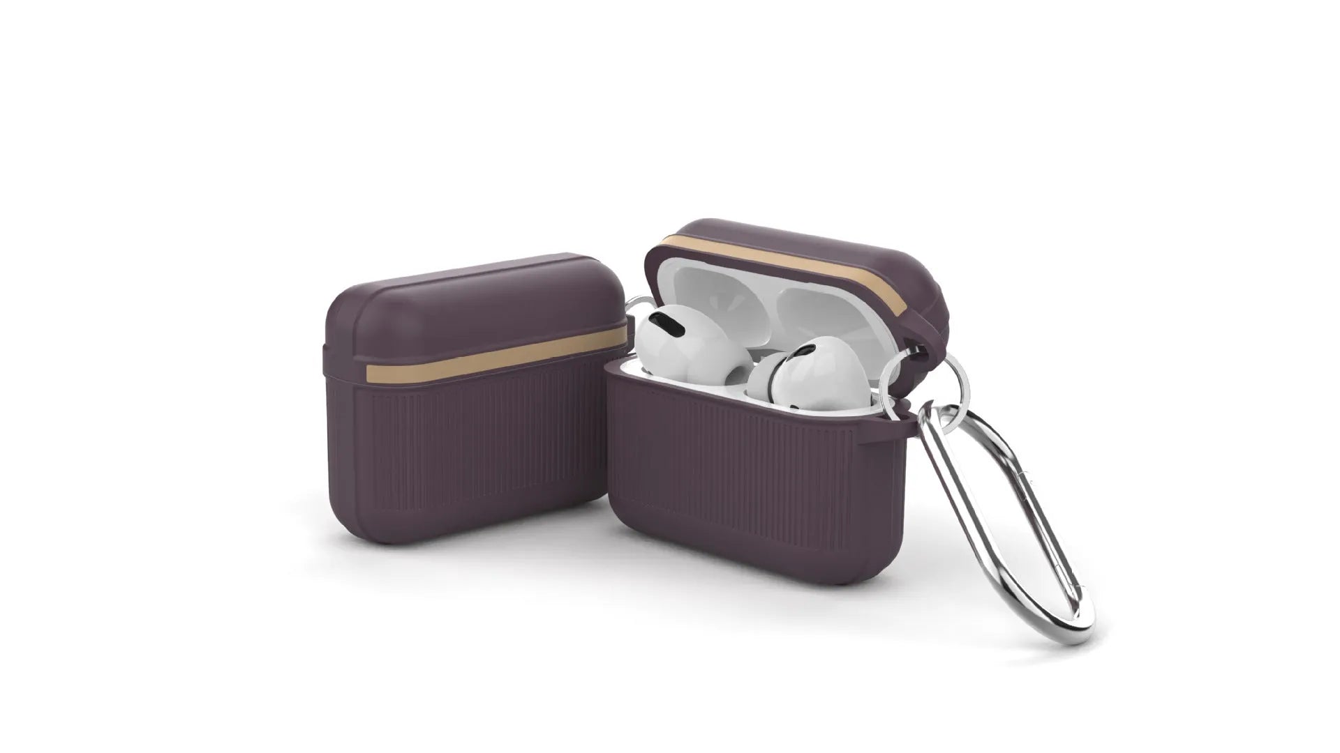 Silicone clamshell protective case for Apple AirPods in various colours showing split design and metal buckle.