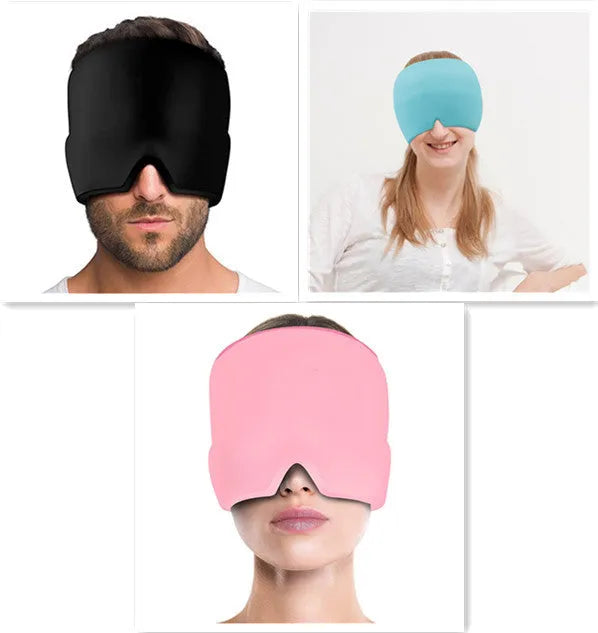 Black elastic gel cold compress eye mask for headache relief with measurements