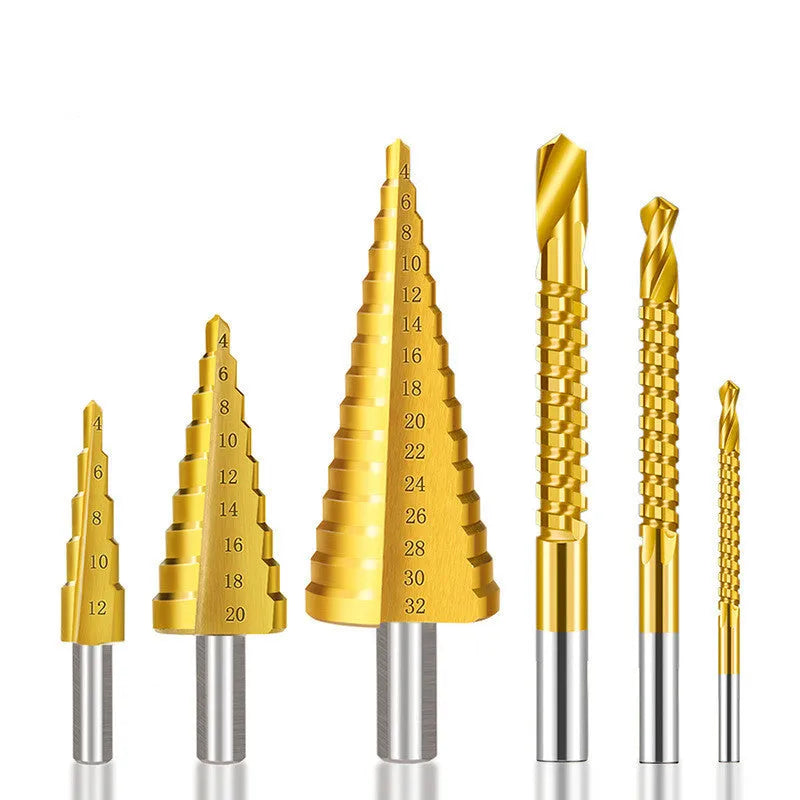 High-speed steel step drill bits and centre punch set for metalworking with colour-coded organisation