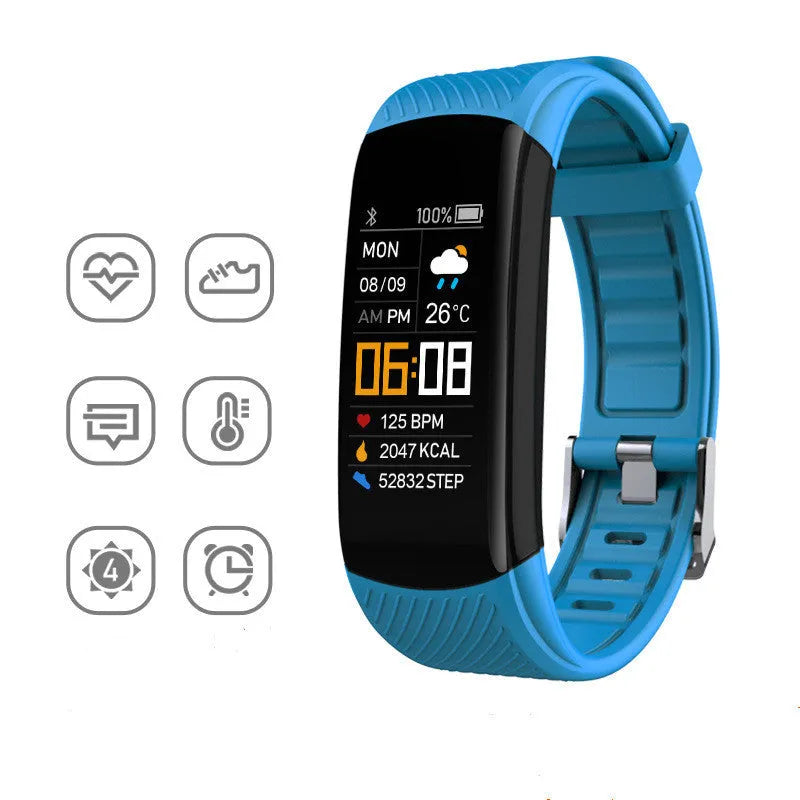 C5S model sports pedometer bracelet in various colours on a wrist, showing 0.96-inch screen.