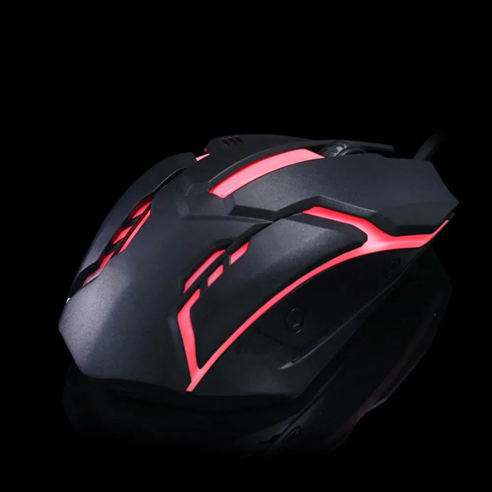 Wired LED computer mouse with glowing effects in black or white, showing 120mm size and USB cable