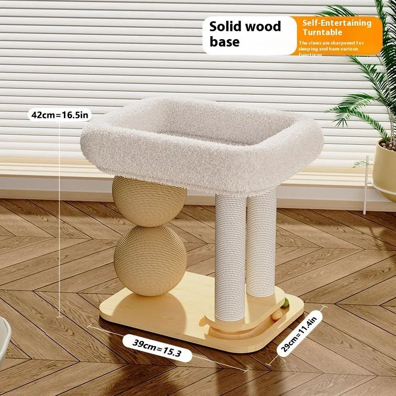 Pine wood cat nest with integrated cat grasping balls in sisal, chamfered, or mat style options