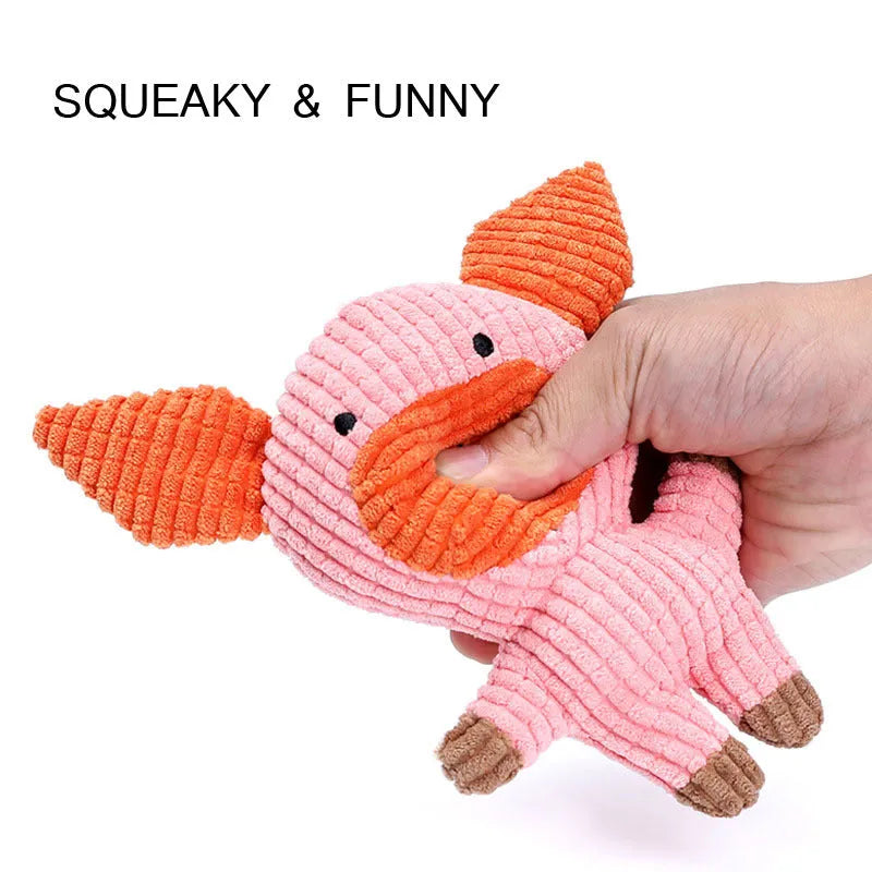 Animal shape plush dog chew toy with squeaker sound in multiple colour options