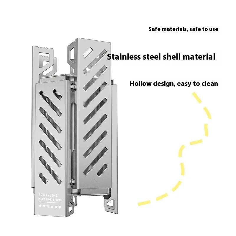 Hexagon foldable alcohol camping stove in black or silver colour with alloy construction