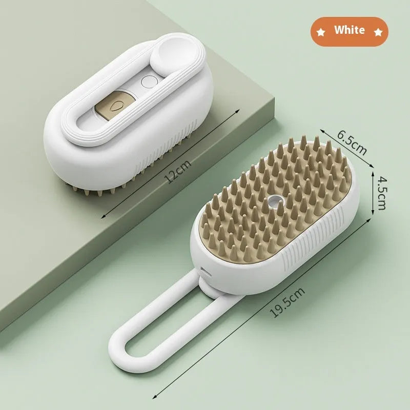 Dog grooming spray massage comb kit with wash-free essence bottle, shown in khaki colour.