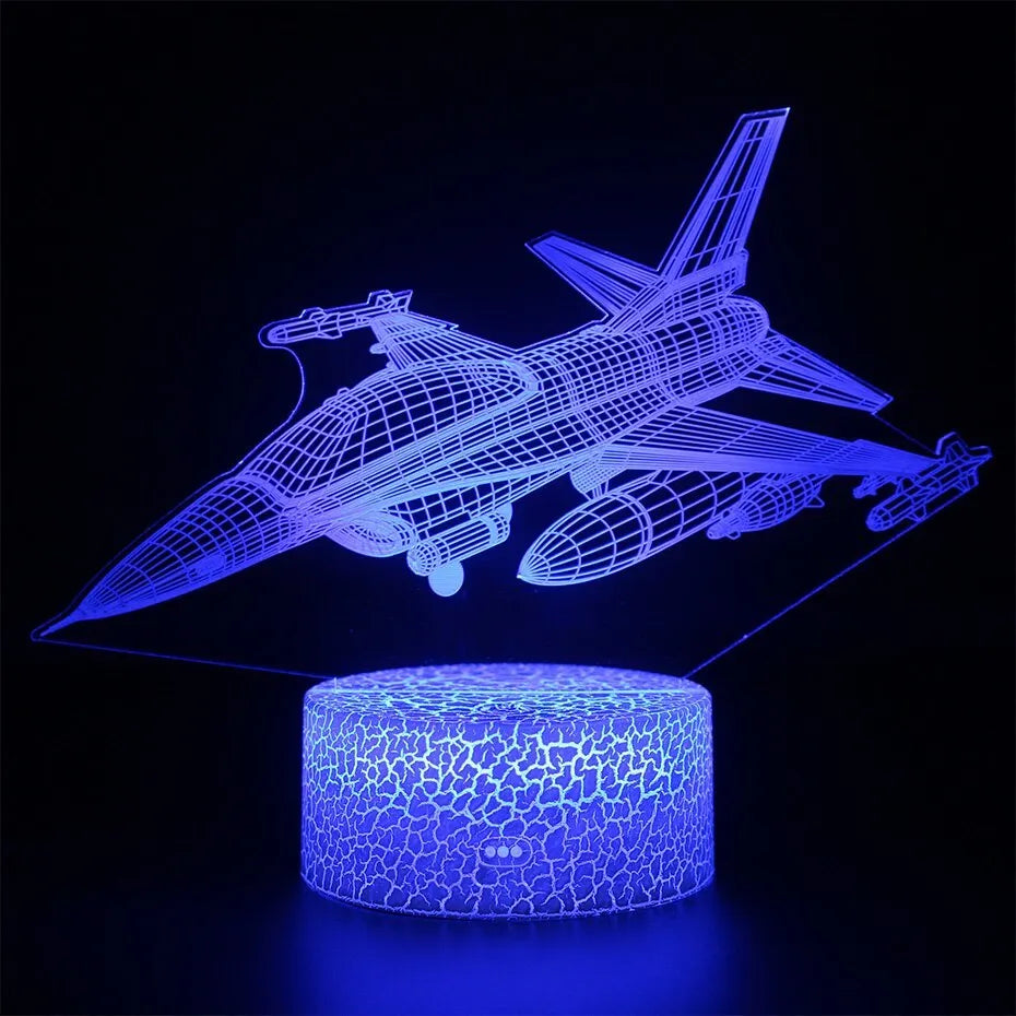 White cartoon airplane-shaped night light with acrylic shade and touch-sensitive base.