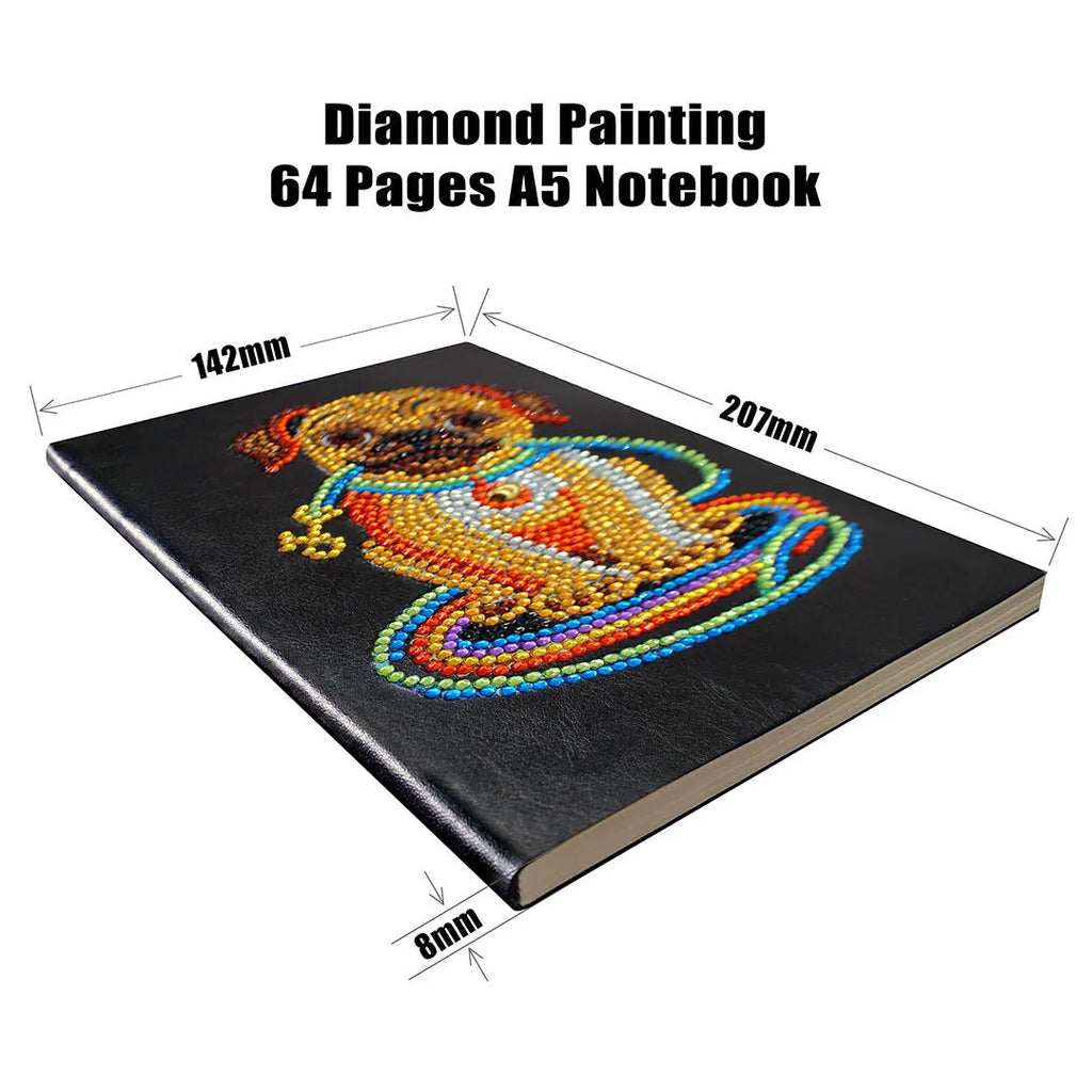 Black A5 diamond painting notebook, 142x207mm, with 50 blank pages open.