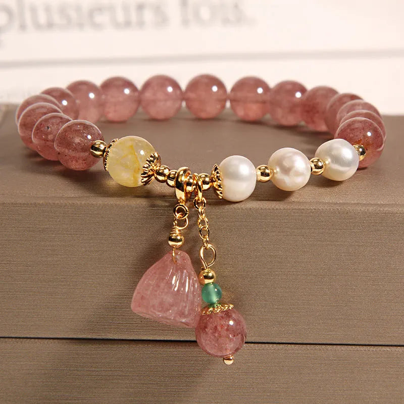 Natural garnet multi-layer crystal bracelet with strawberry quartz, moonstone, and pendant details in Korean light luxury style