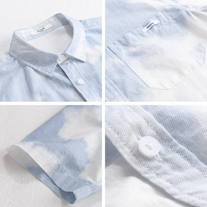Man wearing a light pink loose-fit short-sleeved cotton shirt, casual summer style