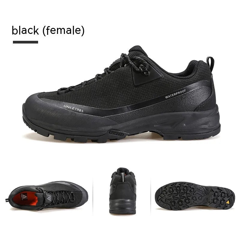 Men's low-top mountain climbing shoes with leather mesh upper and non-slip rubber outsole in black colour