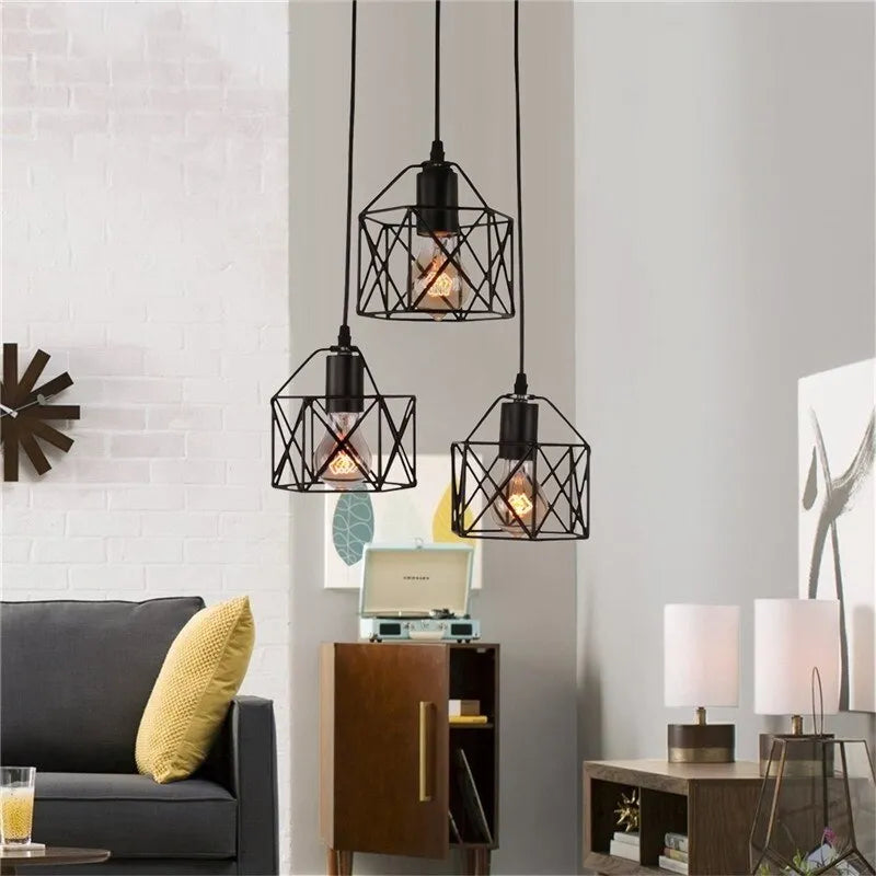 American country style decorative pendant light with an iron shade, showing its dimensions.