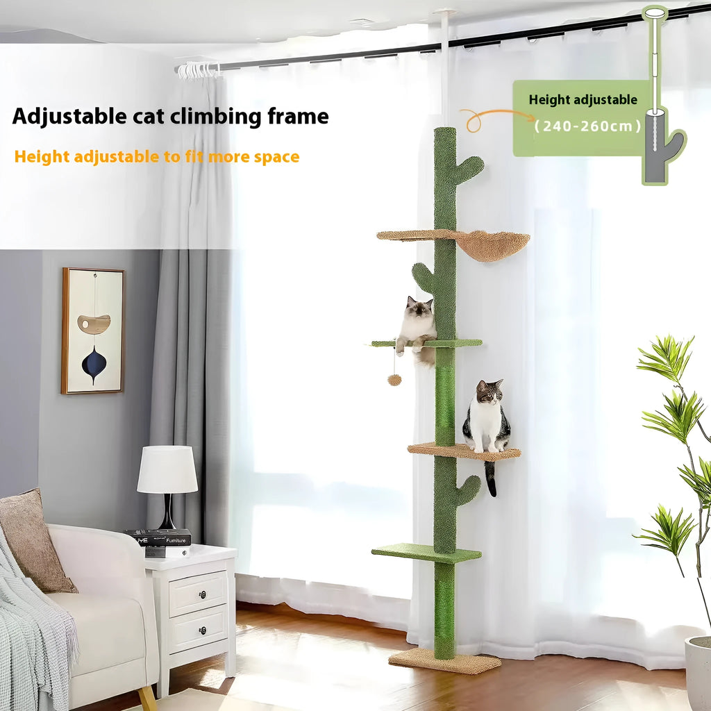 Tall solid wood cat climbing frame with integrated scratch board and cat nest