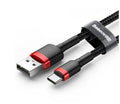 Close-up of a woven grey and black Android micro USB charging and data cable with a choice of lengths.