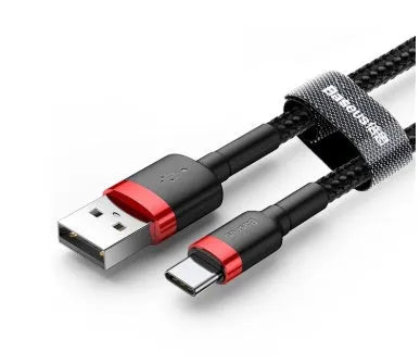 Close-up of a woven grey and black Android micro USB charging and data cable with a choice of lengths.