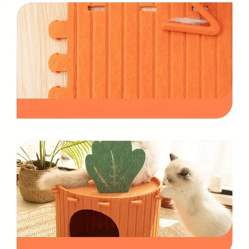 Orange carrot-shaped felt cat nest tunnel with a semi-enclosed design and drilled openings.