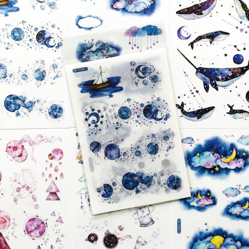 Abu Japanese paper sticker set showing fantasy stars design measuring 10.5cm by 14.1cm