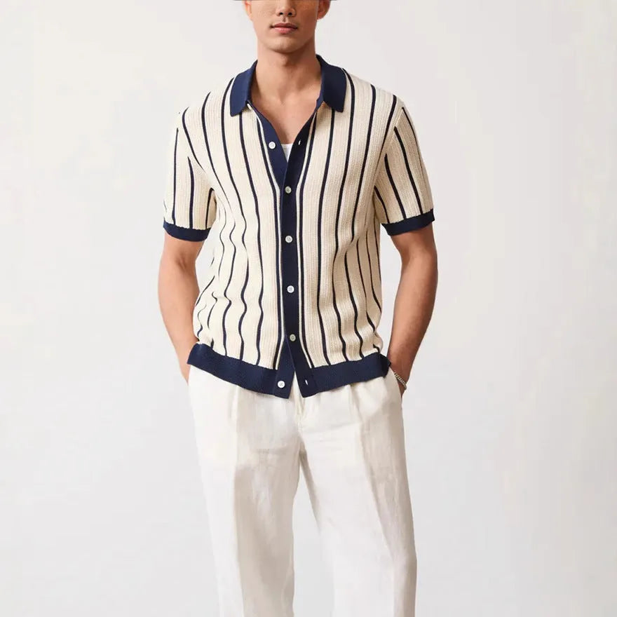 Men's white lapel knitted polo shirt with asymmetric design and short sleeves