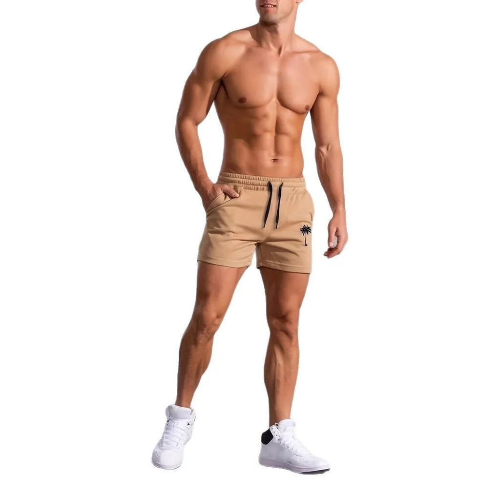Men's khaki coconut print sports shorts with straight fit and micro elastic polyester fabric