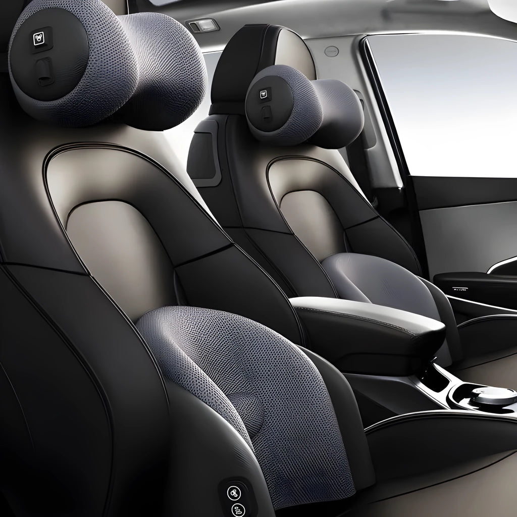 Car massage cushion with memory cotton construction and electric massage function for neck and waist support