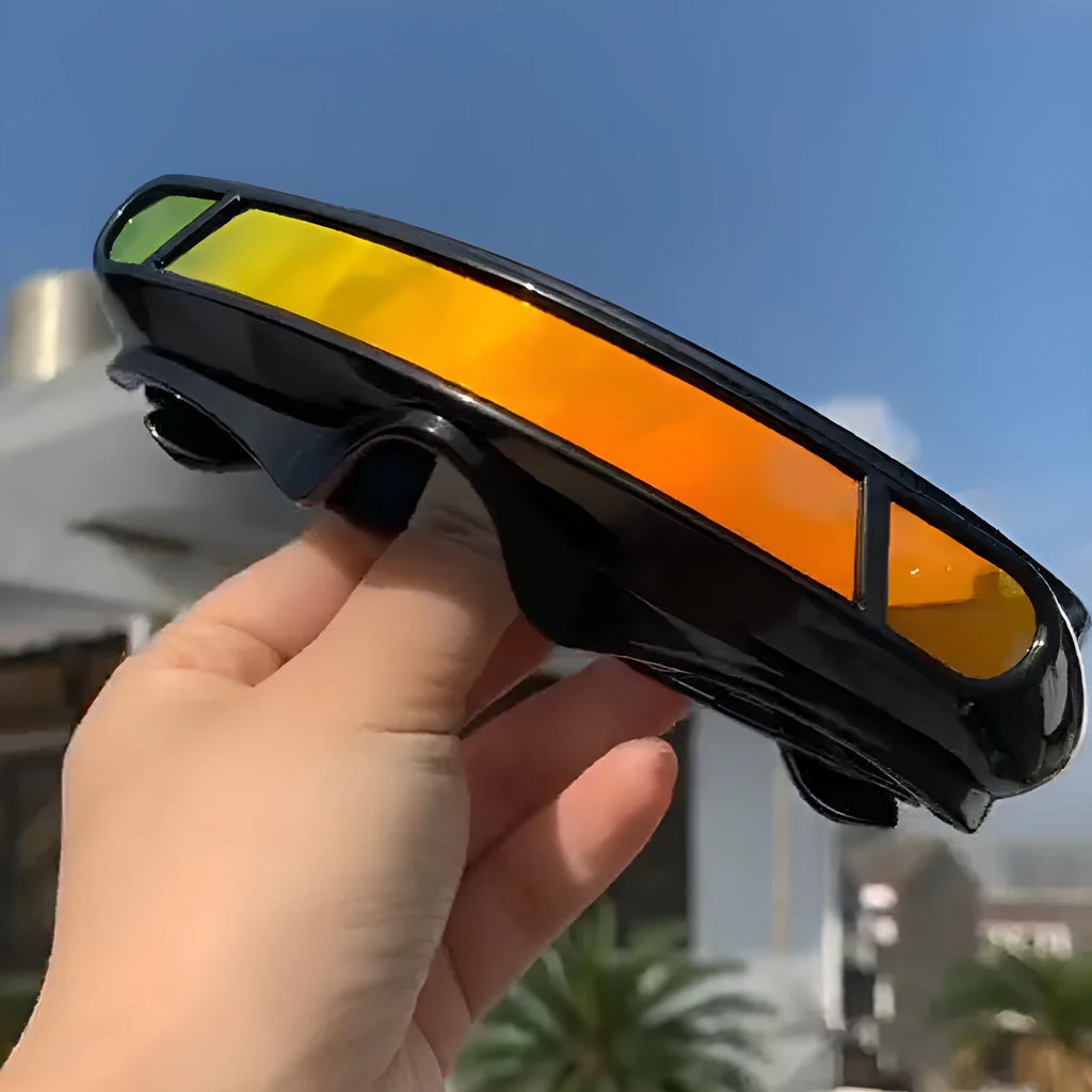 Black sports sunglasses with polarised lenses shown in grey, red mercury, and blue mercury tint options.