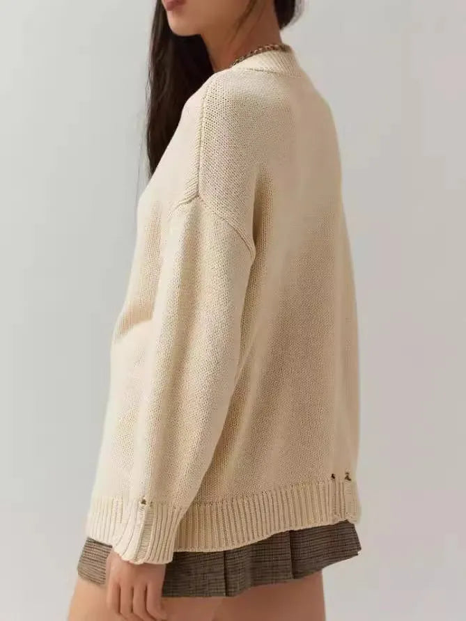 Women's beige acrylic Jacquard pullover sweater with round neck and loose-fitting medium length design